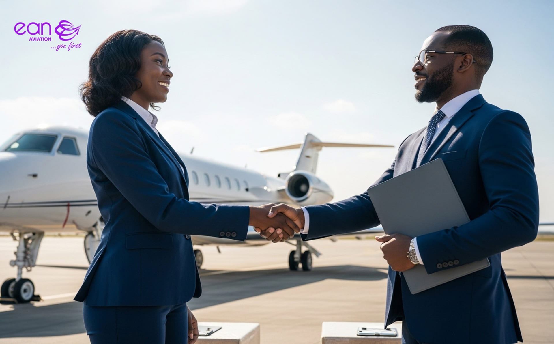 Two business travellers shaking hands on the ramp in front of a parked business jet, under the EAN Aviation “you first” lockup.