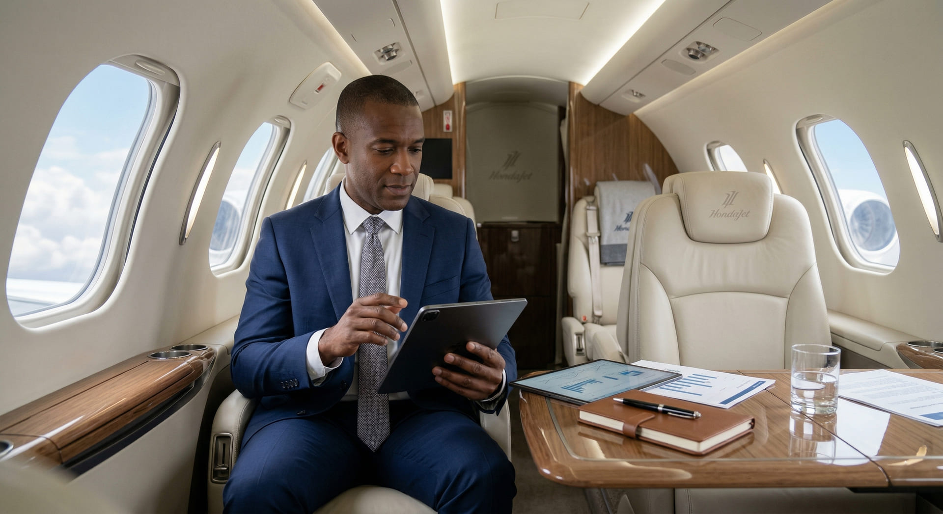 An executive working on a tablet at the cabin table of a HondaJet in cruise, with briefing papers and a glass of water beside him.
