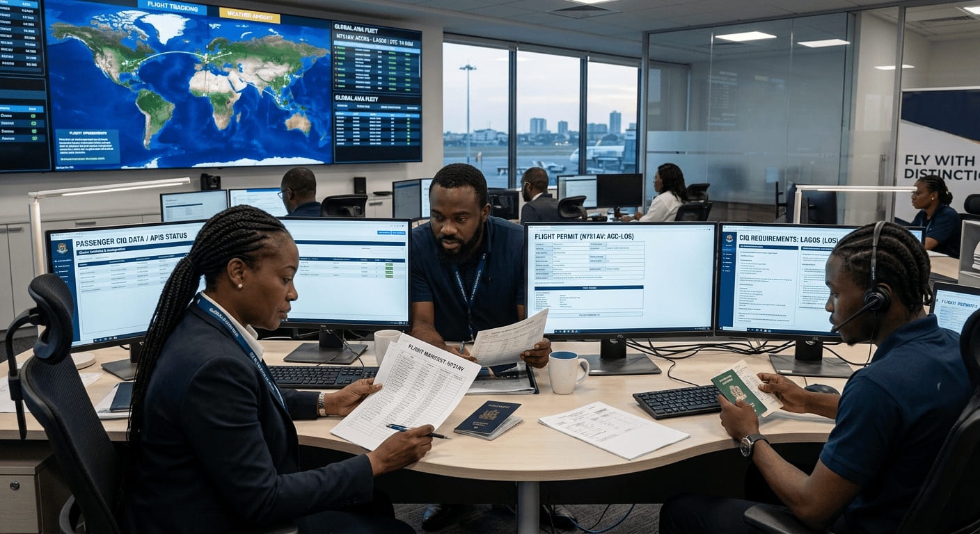 An operations team reviewing passenger manifests and passports at a bank of monitors showing flight tracking and permit status.