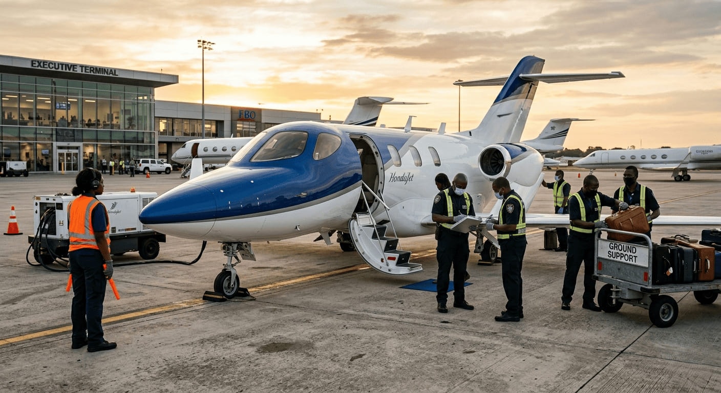 A HondaJet parked outside a glass executive terminal at dusk while uniformed officers check documents beside the wing and ground crew load baggage onto a support cart.
